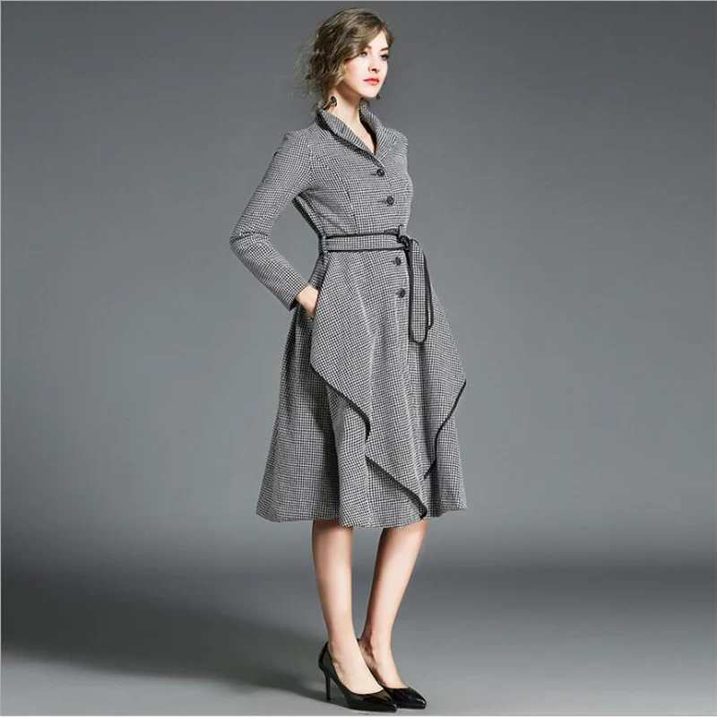 MYCOURS осенне зимние женские винтажные платья с пуговицами и узором гусиные лапки