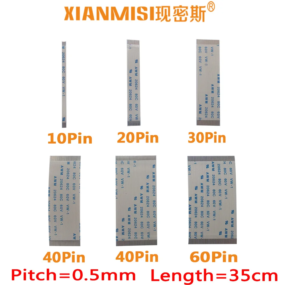 

FFC/FPC Flat Flex Extension Cable 10Pin 20Pin 30Pin 40Pin 50Pin 60Pin Same Side 0.5mm Pitch AWM VW-1 20624 60V Length 35cm 5PCS