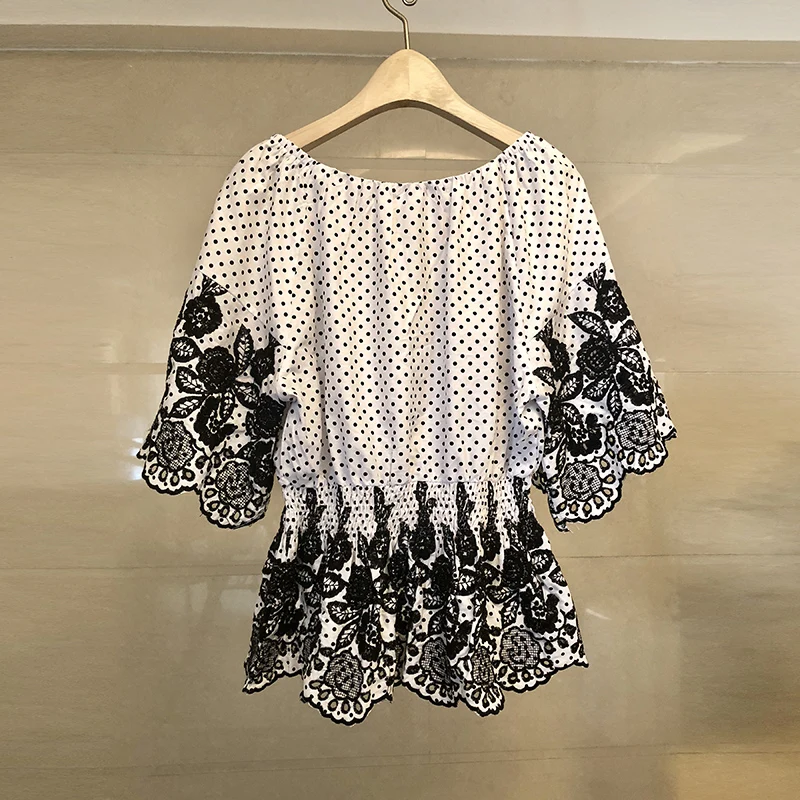 Новые женские топы и блузки в горошек Blusas Mujer De Moda трехмерные цветочные вышитые летние женские Топы N9291