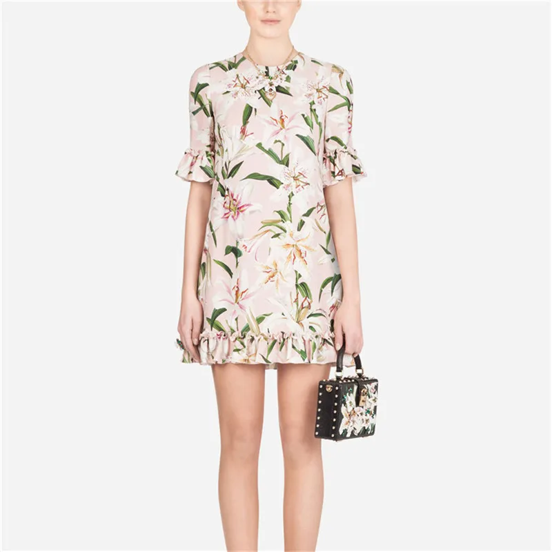 Модное платье с оборками короткий рукав клеш прямое Повседневное розовое мини