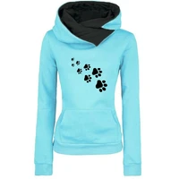 new fashion cat dog paw print sweatshirts hoodies women tops pockets cotton female cropped street thick winter or sping