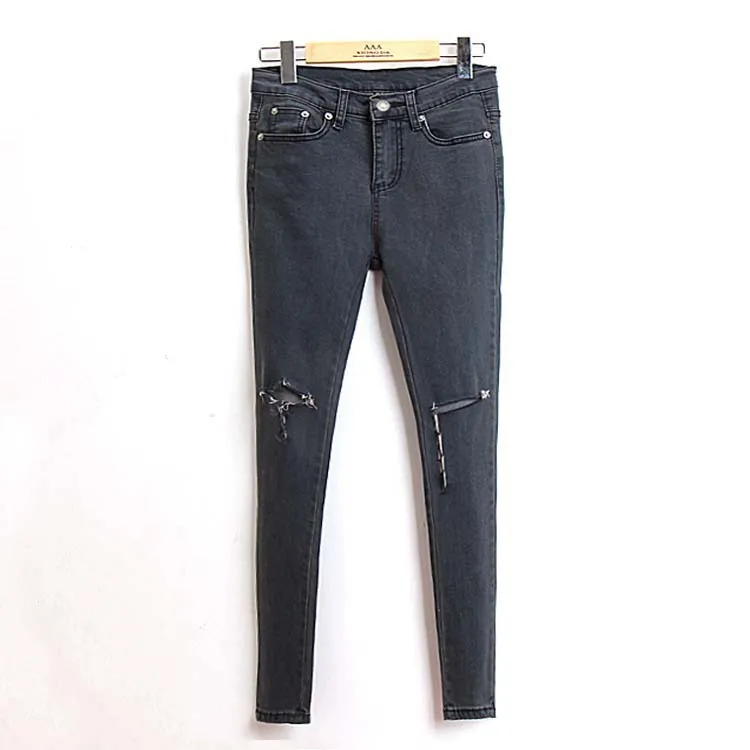 Amazon's new spring and summer European style high-waisted knee hole washed jeans Slim child beggars pants feet tide |