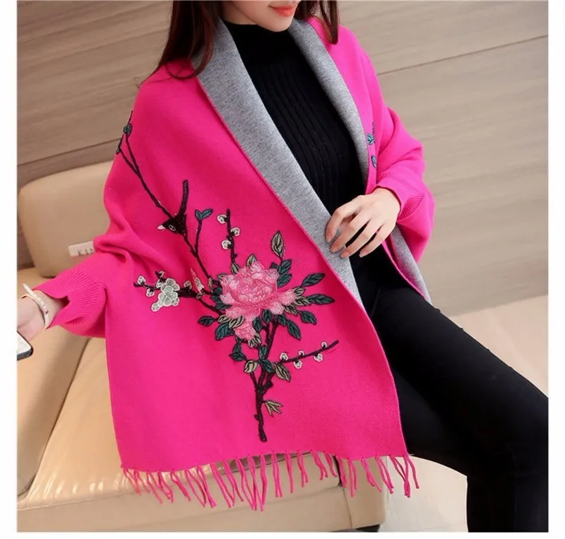 Rose Red Плащ с вышивкой, длинный кардиган, женские топы, кашемировый женский кардиган с длинным рукавом, шерстяной розовый свитер, женский зимний, пальто для женщин - Цвет: Rose Red