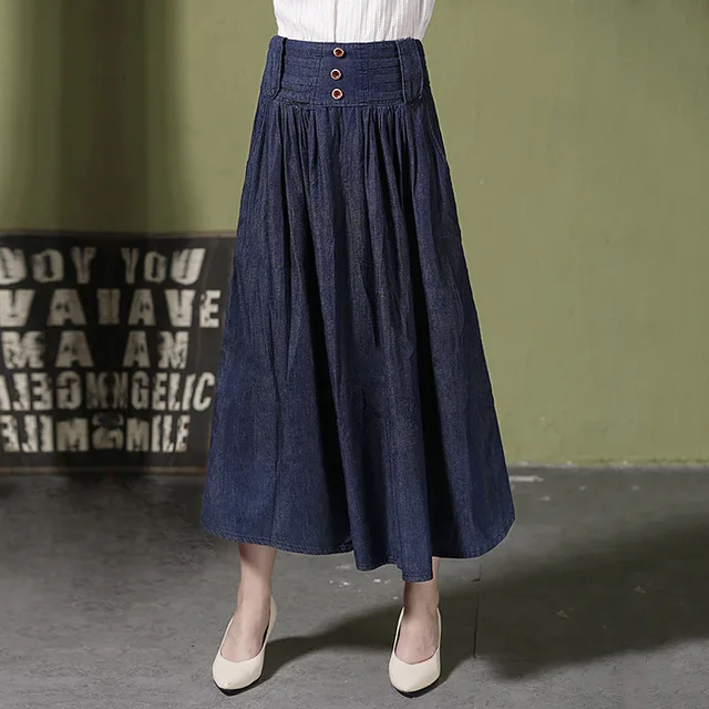 Женская летняя хлопчатобумажная юбка из денима с завышенной талией и карманами