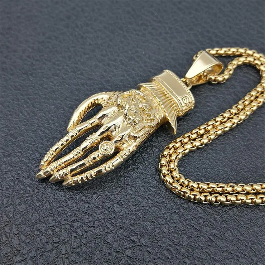 Хип хоп Череп ручная подвеска с цепочкой из нержавеющей стали для мужчин золотой