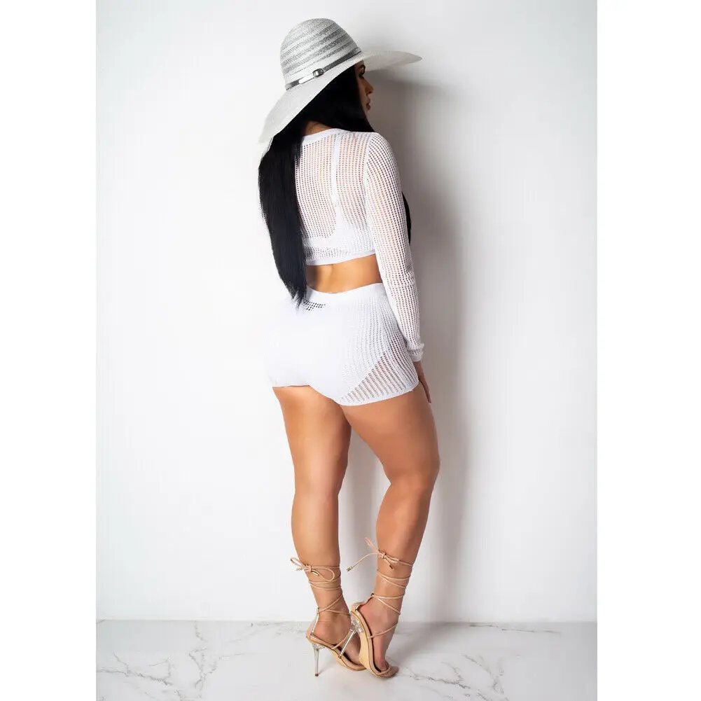 Женские однотонные Клубные комплекты ажурные сетчатые футболки укороченный топ