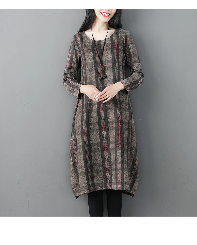 2018 autumn and winter wear thick striped in the long section large size women's slim plaid woolen dress | Женская одежда