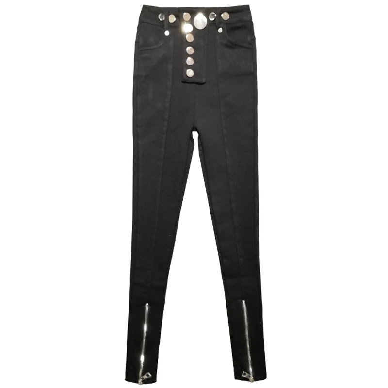 

New 2018 feet pants black many rows of tall waist button cultivate morality show thin elastic zipper nine minutes of pants