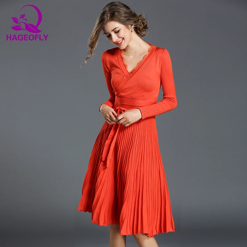 orange HAGEOFLY, осеннее платье, оранжевое, зеленое, красное, с длинным рукавом, женское платье, до колена, элегантное, плиссированное, вязанное платье, вечерние платья, платья - Цвет: orange