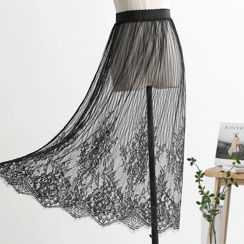 

Autumn Women Striped Lace Mesh Midi Skirt Ladies Casual Sexy Hollow Out High Waist Transparent See-through Overskirt Skirts