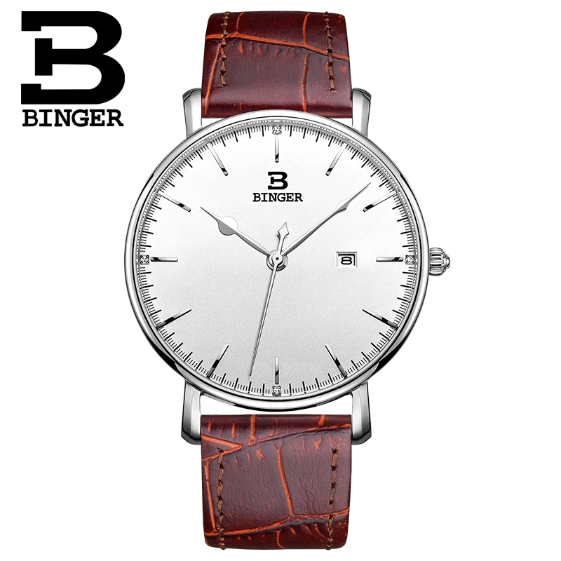 Швейцарские мужские часы BINGER роскошного бренда кварцевые с кожаным ремешком