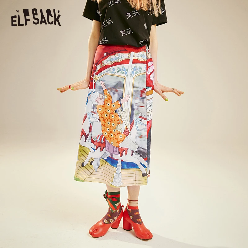 ELFSACK Fashion Cartoon Print Women Skirt Summer Vintage A-line Mid Waist Female Skirts Streetwear Casual Femme Bottoms