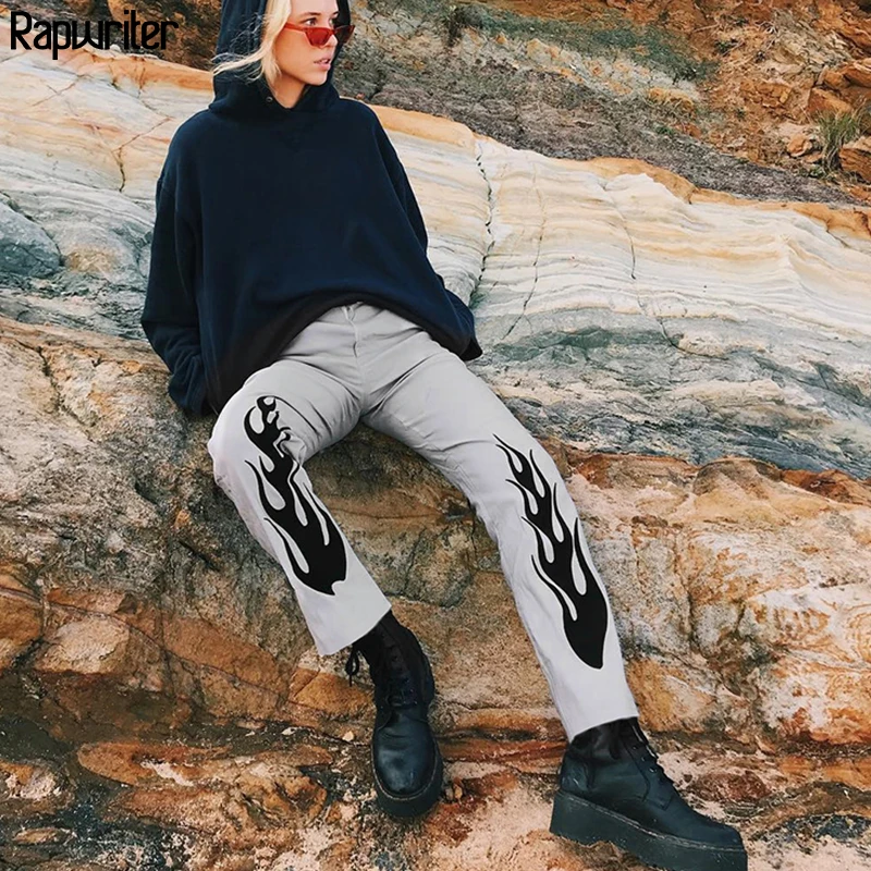 Rapwriter/женские брюки с высокой талией с огненным принтом, лето, повседневные спортивные штаны Харадзюку, джоггеры, прямые мешковатые штаны, уличная одежда