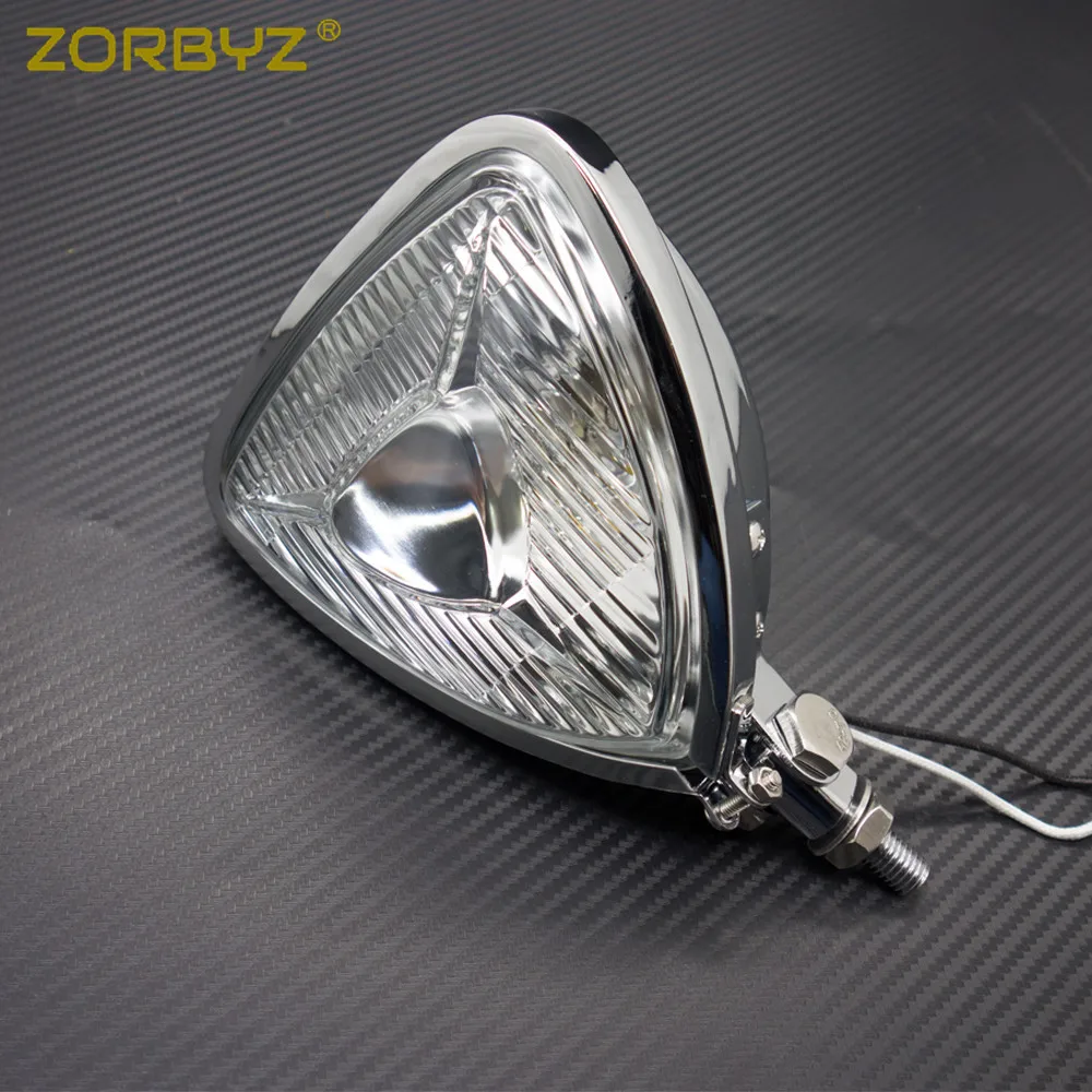 Мотоциклетная треугольная фара ZORBYZ Хромированная с плоской задней стороной для