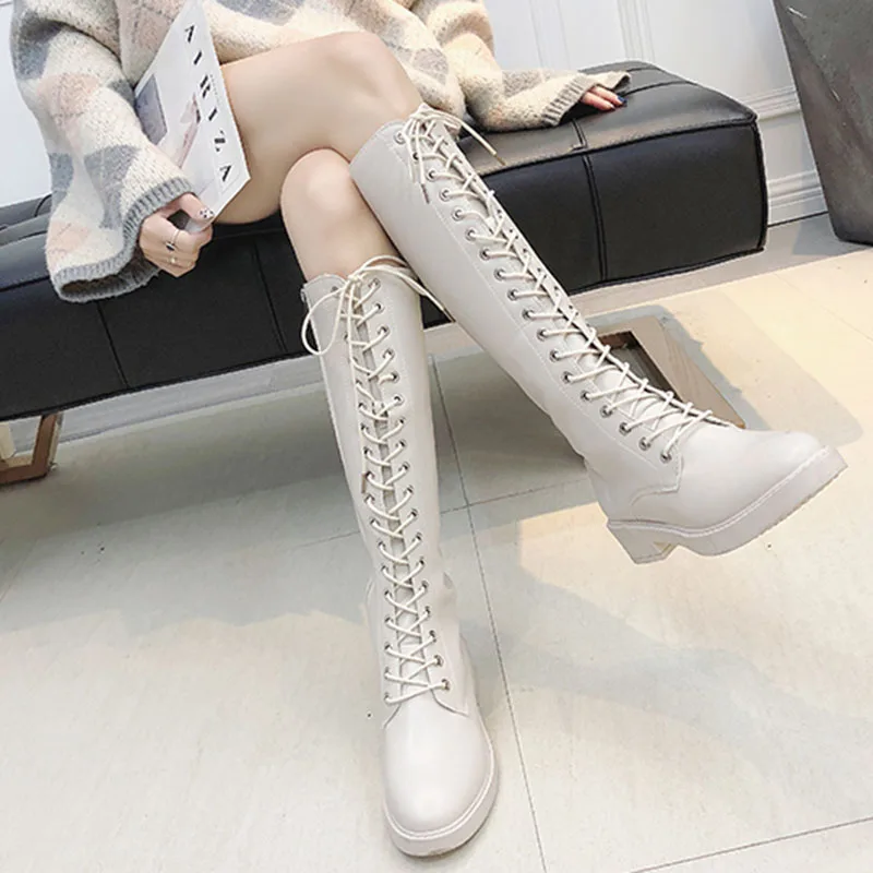 RIZABINA/2020 г. Зимние Модные рыцарские сапоги теплые до колена с круглым носком на