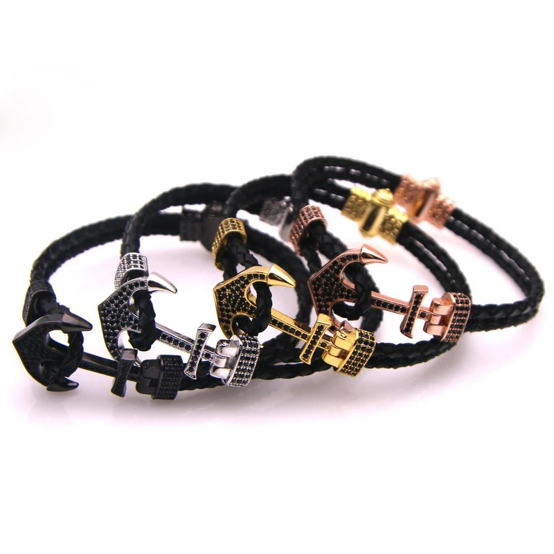Мужской браслет из натуральной кожи с черным якорем | Украшения и аксессуары