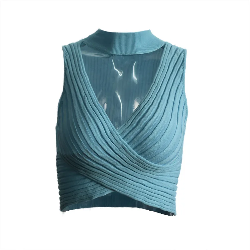 as the picture ZHYMIHRET Summer V Neck Halter Ribbed Tank Tops Women Knitted Wrap Ruched Festival Sexy Neon Crop Tops Female Haut Femme - Цвет: as the picture