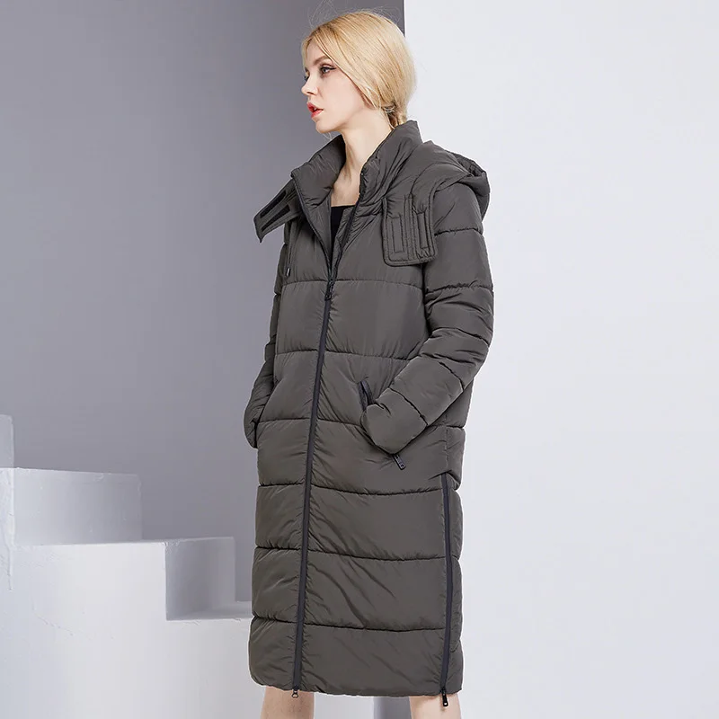 Army Green FYYIYI женская зимняя парка повседневная куртка Новое высококачественное хлопковое длинное пальто на молнии с широкой талией с длинными рукавами - Цвет: Army Green
