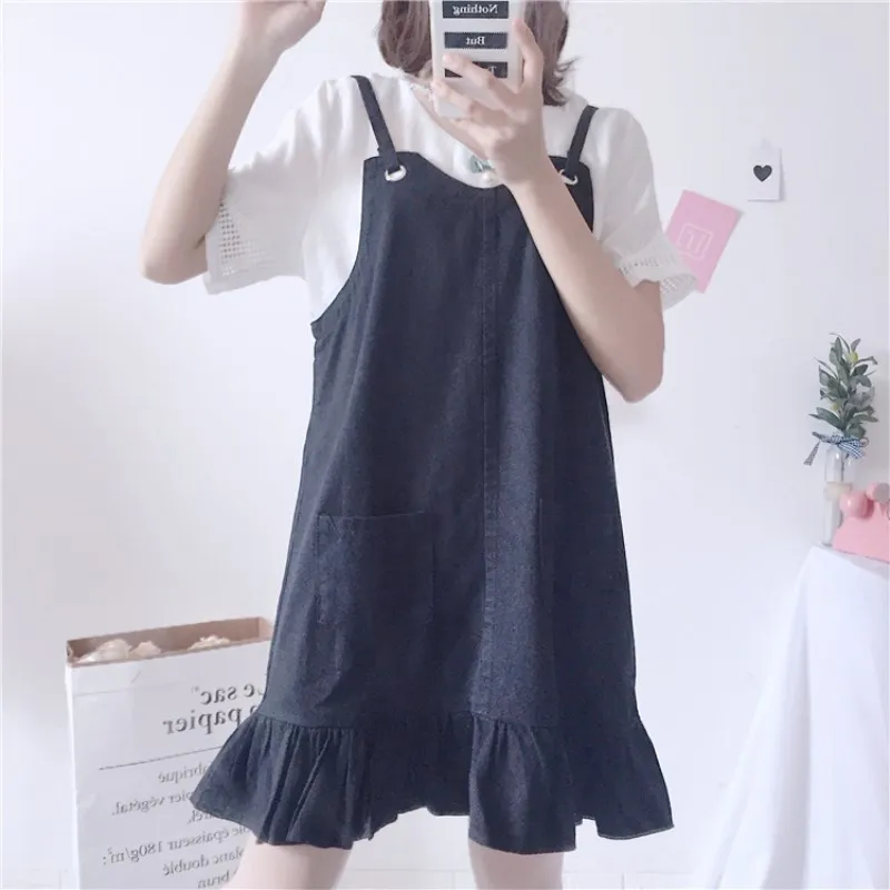 Летнее платье Kawaii, платье на бретельках, Vestidos Kawaii, платье Харадзюку, белая короткая повседневная одежда, японский стиль - Цвет: Black