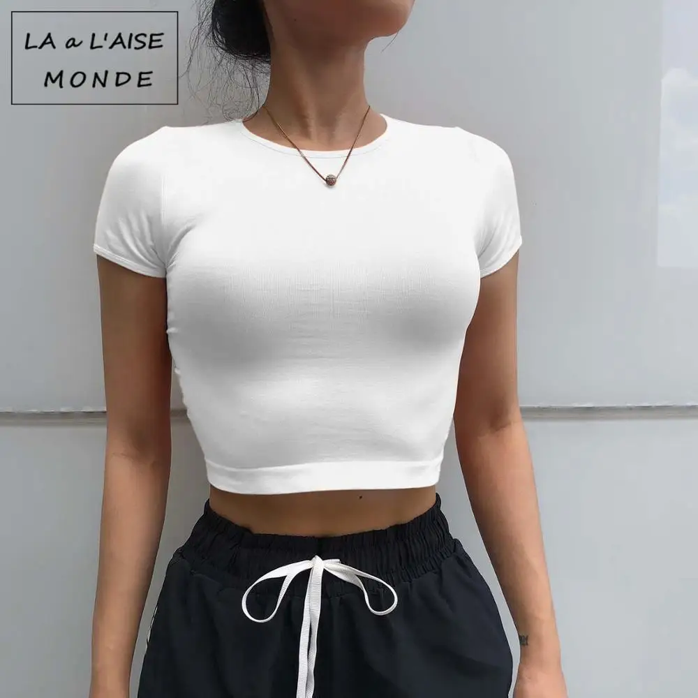 Однотонный облегающий спортивный топ женская короткая футболка быстросохнущая