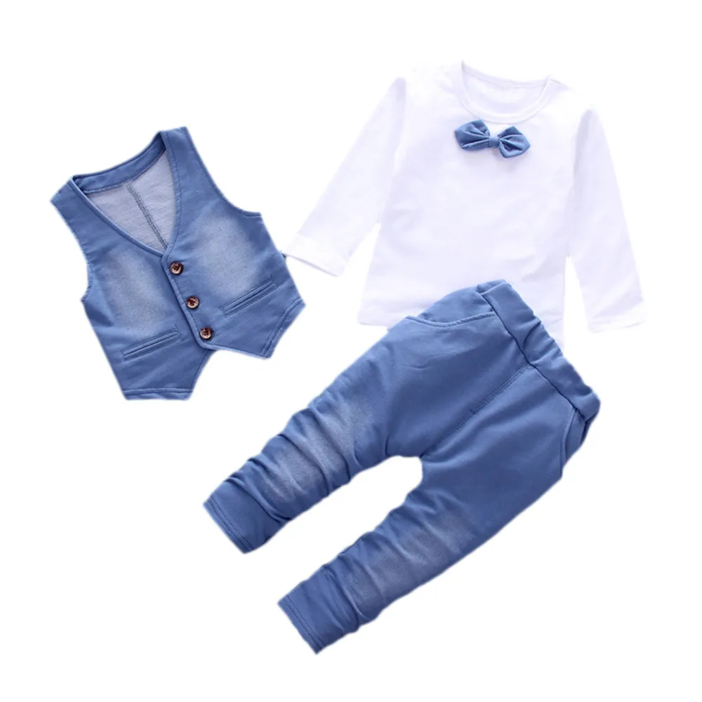 2019 Children's Sets Fashion Baby Clothing Denim Style Long Sleeve Tie T-shirt+Pants+Vest Gentleman Clothes Set dropshipping | Детская
