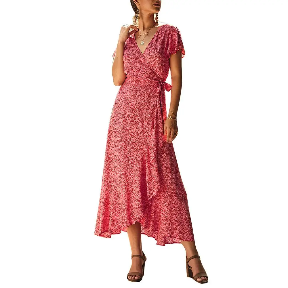 Женское пляжное длинное платье с v-образным вырезом коротким рукавом и цветочным