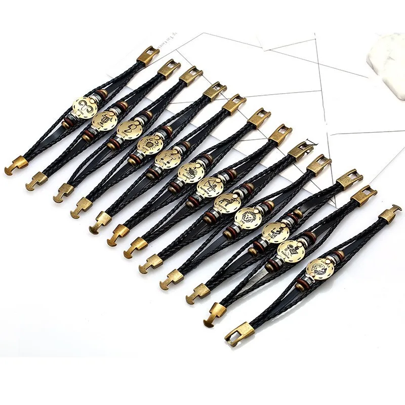 12 Constellations Leather Bracelet for Men Zodiac Signs Punk Multilayer Beads Charms Bracelets Male Jewelry | Украшения и
