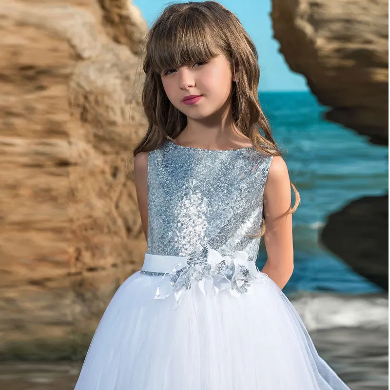 Fashion V Back Sparkling Silver Sequined Flower Girl Dress Sleeveless Fluffy Tulle Girls Pageant Ball Gowns Holy Communion | Детская