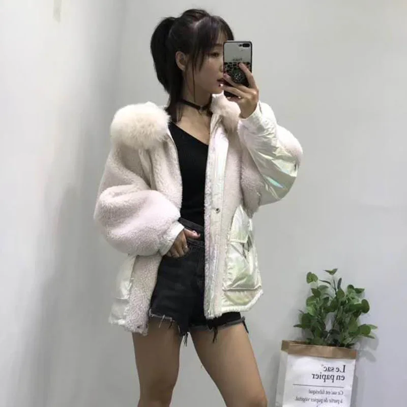 White duck down jacket sheep fur winter coat women new fashion wool blends hooded with natural geniune fox fur parka