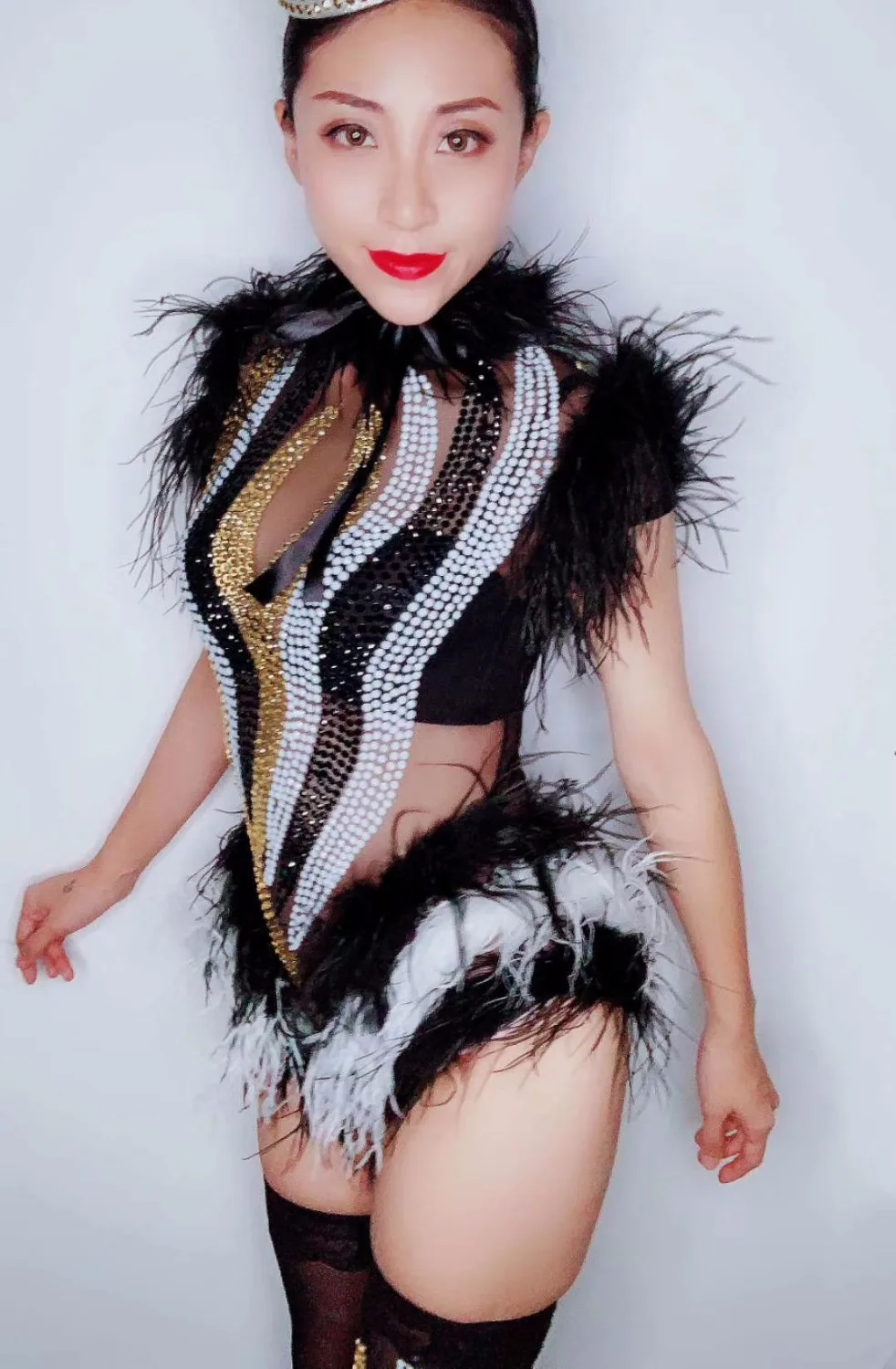 Women New Sexy Glisten Rhinestones Transparent Mesh Bodysuit Leggings Black White Feather Outfit Performance Outfit Party Wear