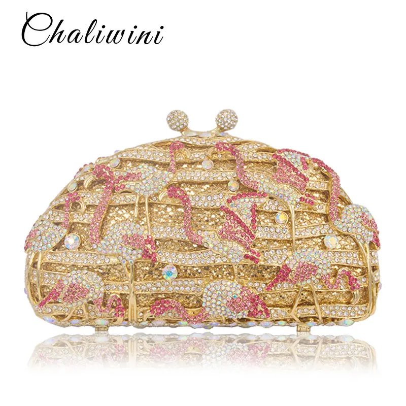 Вечерний Клатч с изображением животных птиц журавлей и кристаллов сумка через