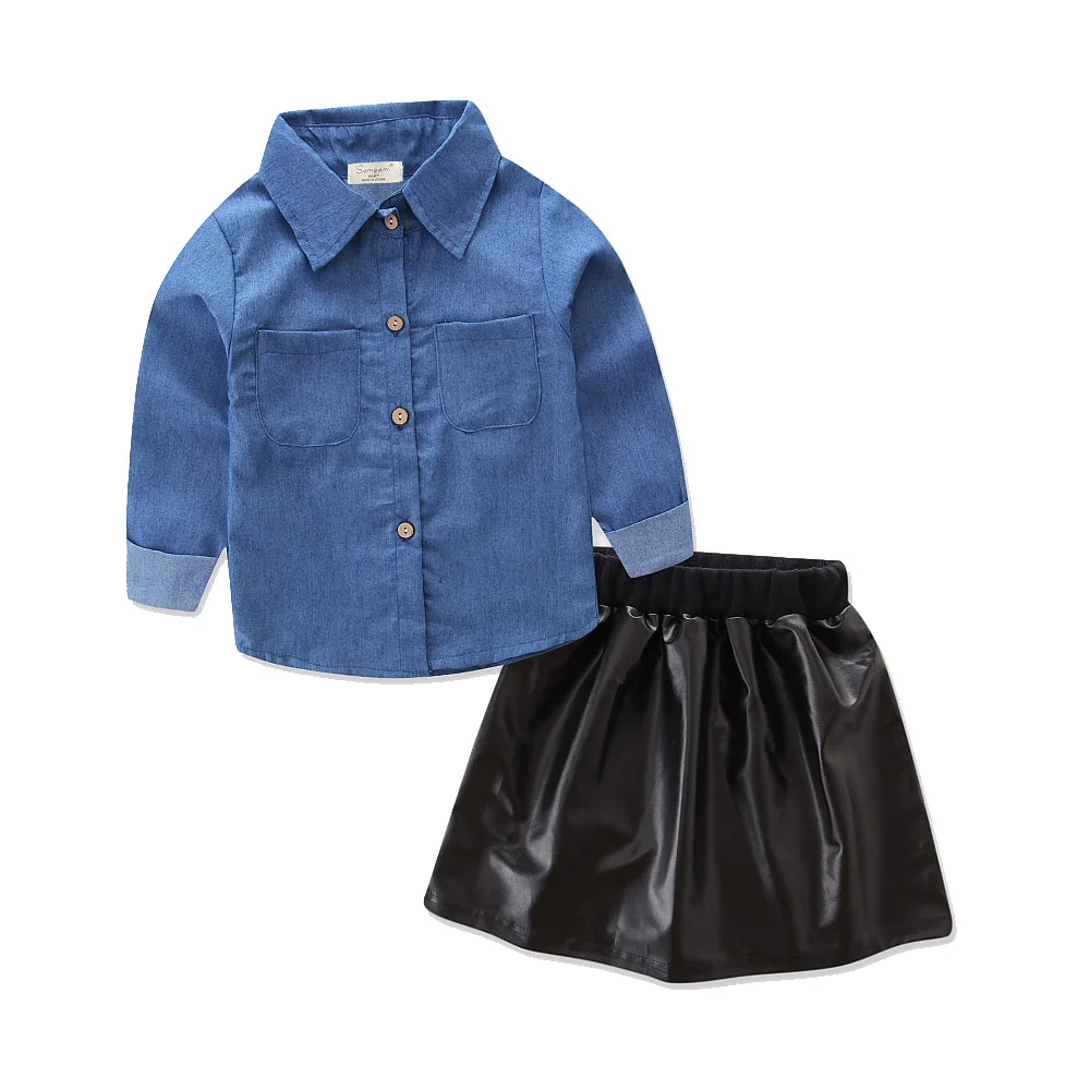 2 шт. джинсовый топ и черная кожаная юбка для девочек|girls clothing sets|clothing setsfashion girl clothes