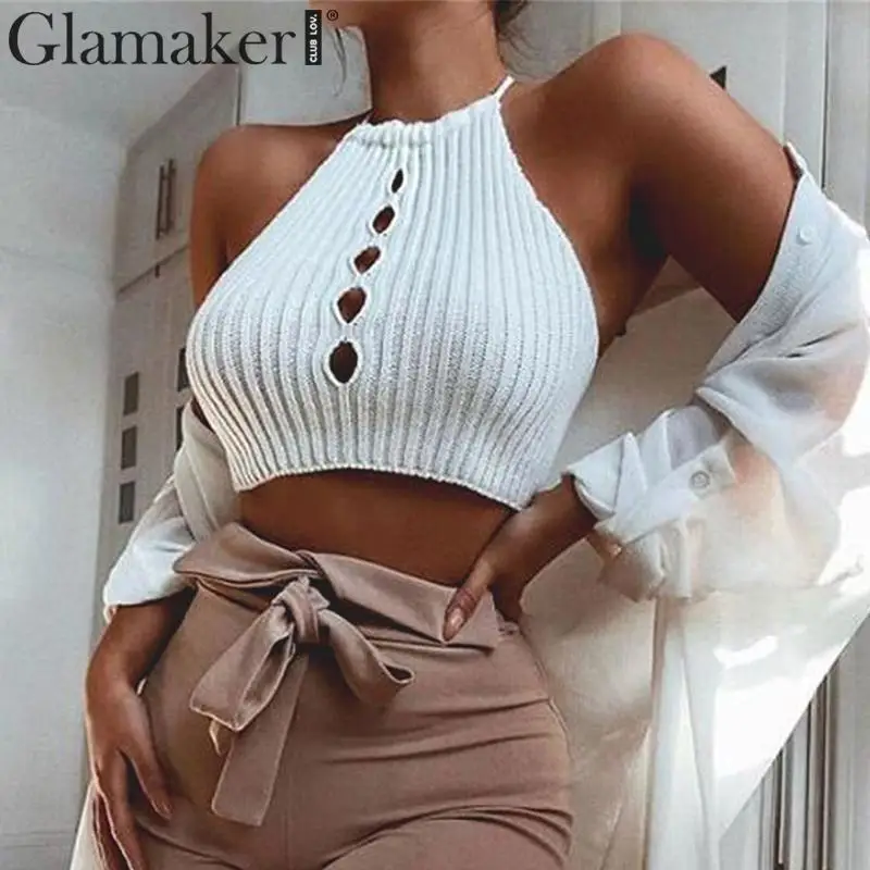 Женский укороченный топ с открытой спиной Glamaker вязаный летний сексуальный на