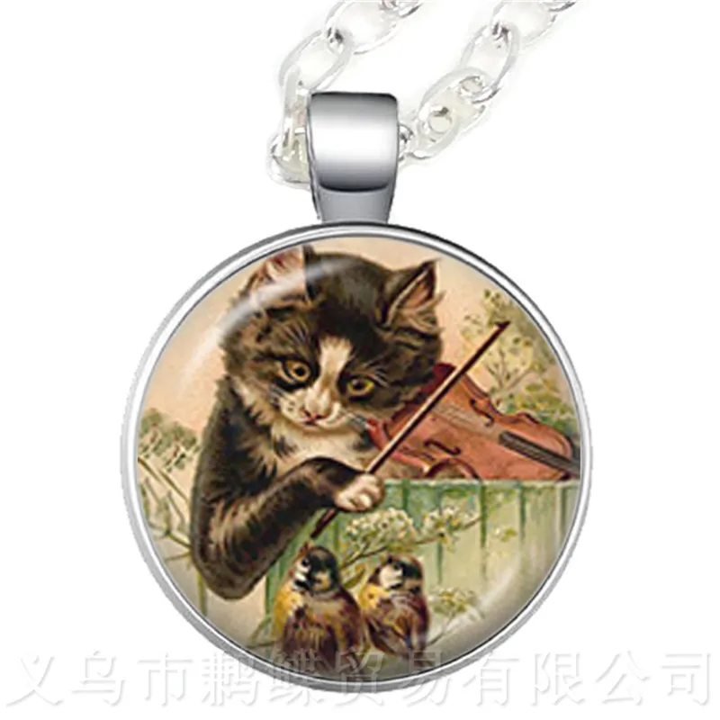 

Cat Patterned Round Glass Domed Necklace Animal Pattern Series Pendant Cat Lover Creative Gift Handmade Fashion Sweater chain
