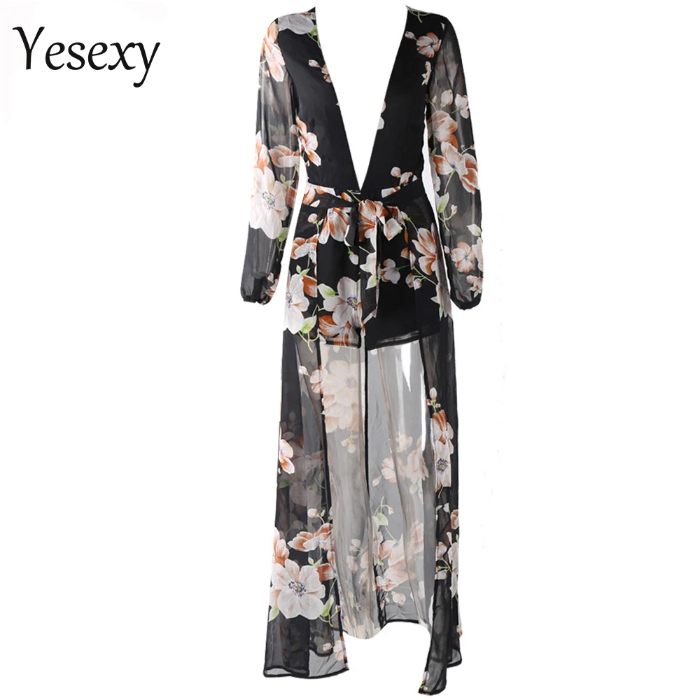 Yesexy 2018 Сексуальная Глубокий V с длинным рукавом печать плащом playsuit
