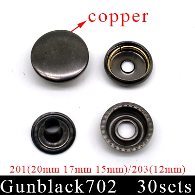 gunblack702 copperA 30 комплектов, металлические латунные кнопки для шитья, застежки для шитья, кожа, ремесло, сумки для одежды, ручная работа, сделай сам, 831/633/655/201/203 - Цвет: gunblack702 copperA