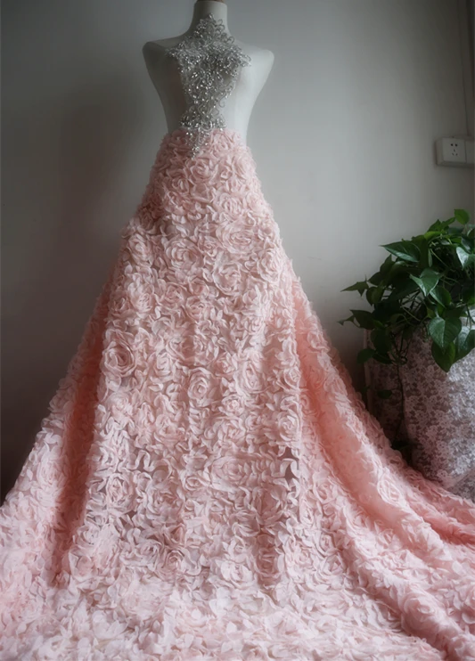 Кружевная шифоновая 3D Розетка светло розовая плиссированная кружевная ткань для