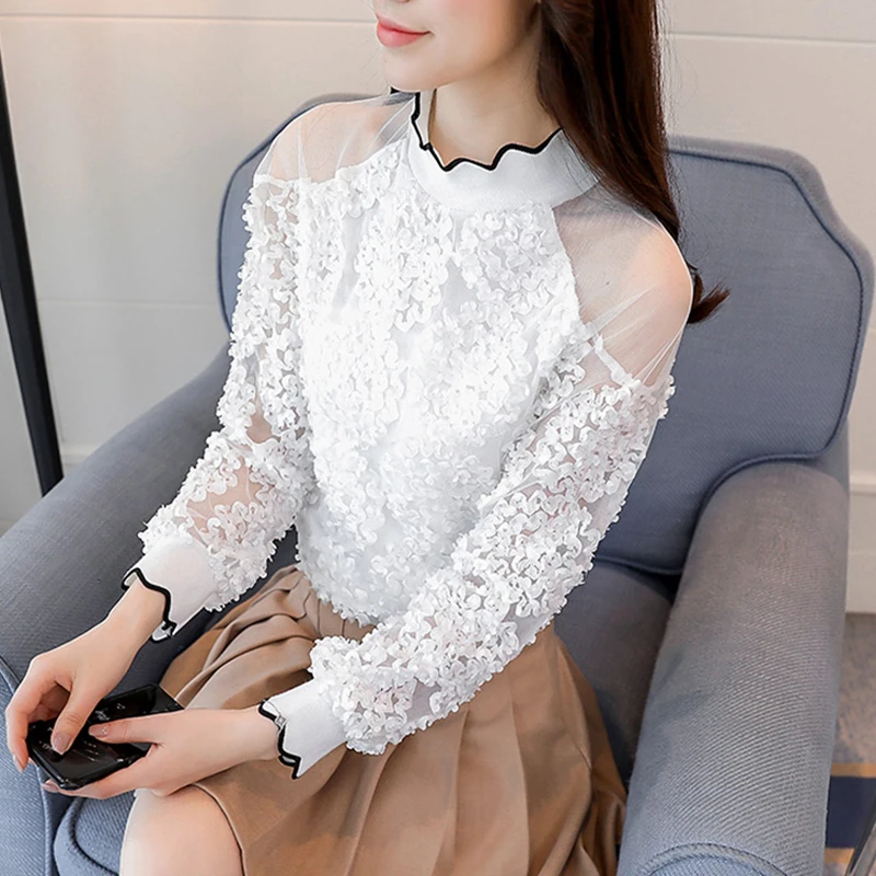2018 новая популярная Осенняя женская блузка с длинными рукавами блузки кружевные