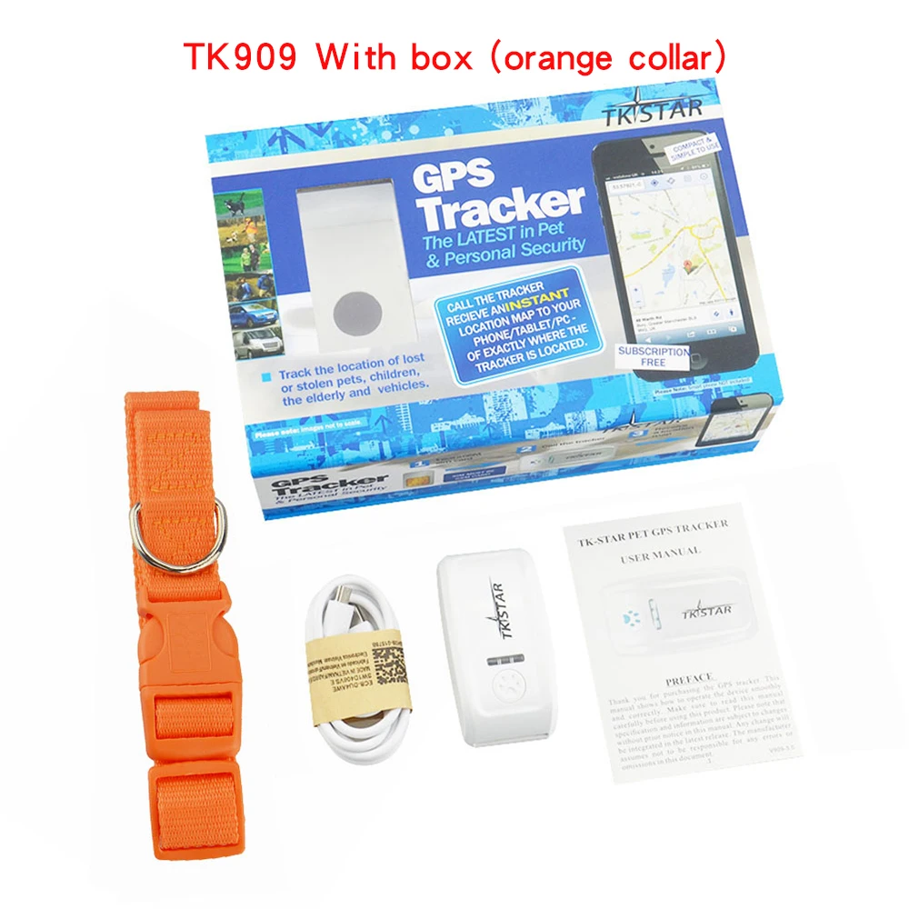 With box(orange) Умный мини TK909 Pet gps трекер для кошек собак в реальном времени Отслеживание Водонепроницаемый гео-забор история-проверка следов датчик встряхивания оповещения - Цвет: With box(orange)
