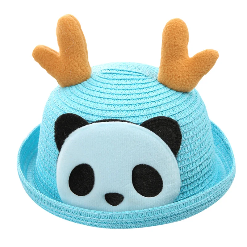 blue panda Детские шляпы, летние Панамы для девочек, милые соломенные кепки с рисунком котенка для мальчиков, детские шляпы в стиле хип-хоп с изображением милого медведя для девочек - Цвет: blue panda