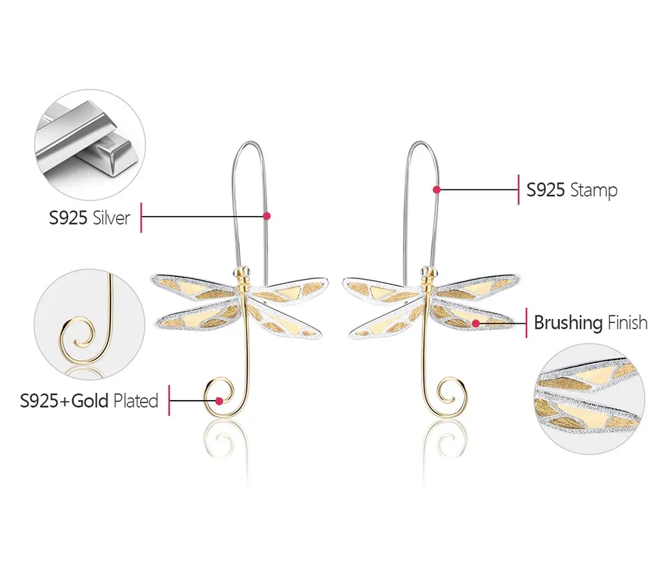Lotus весело Настоящее стерлингового серебра 925 природных Стиль ручной работы Fine Jewelry Симпатичные Стрекоза серьги для женщин brincos