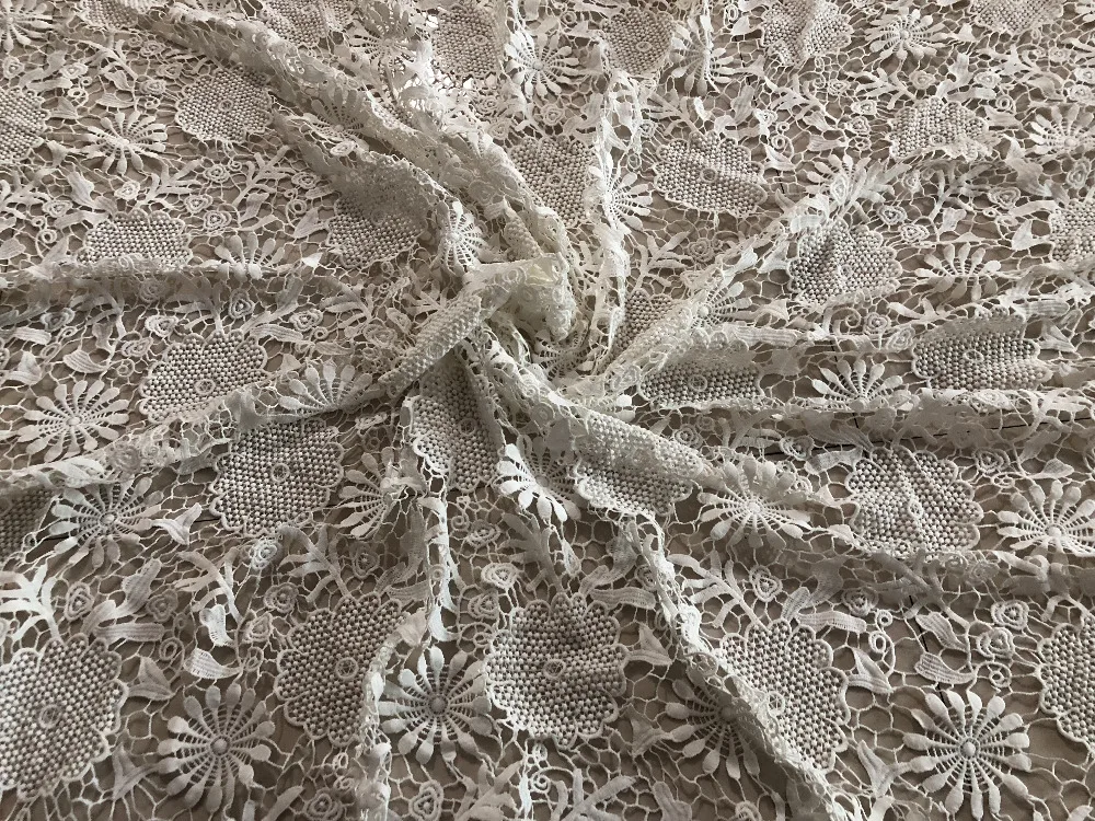 2 ярда нигерийские кружевные ткани для свадебного платья Off White Африканский шнур кружева ткани высококачественное гипюровое кружево сетка хлопок материал