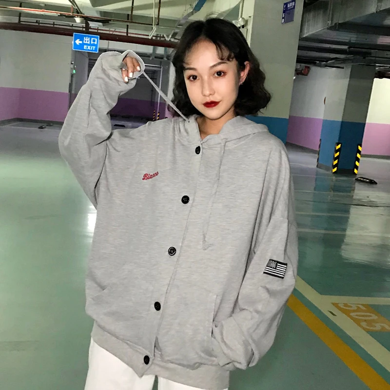 Женская однобортная толстовка с капюшоном серые повседневные свободные куртки