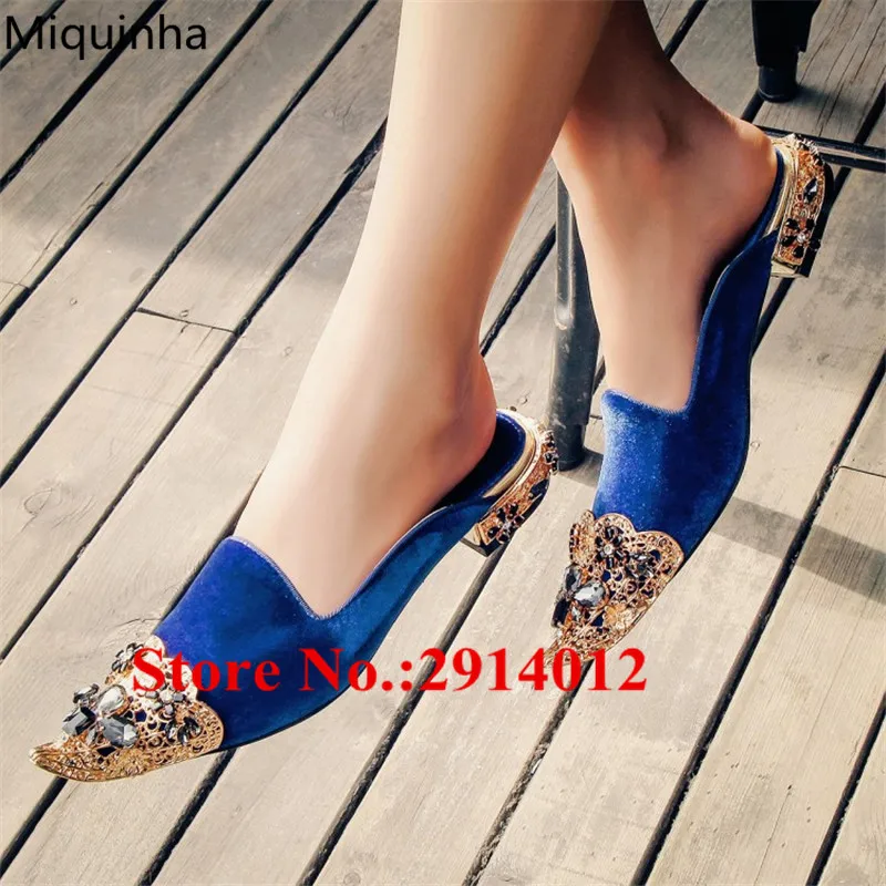 Новый Sapato синий бархат Chaussure Femme из металла кристалл вырезами острый носок Slip On