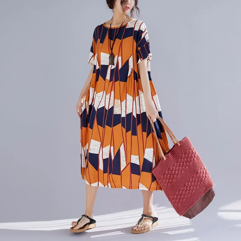 Летнее хлопковое льняное платье повседневное женское клетчатое с коротким