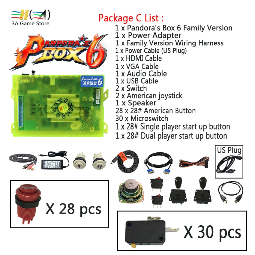 Package C US plug Pandora box 6 1300 в 1 Diy usb джойстик аркадная кнопка переключатель аркадный джойстик кнопки комплект динамиков для управления аркадной машиной - Цвет: Package C US plug