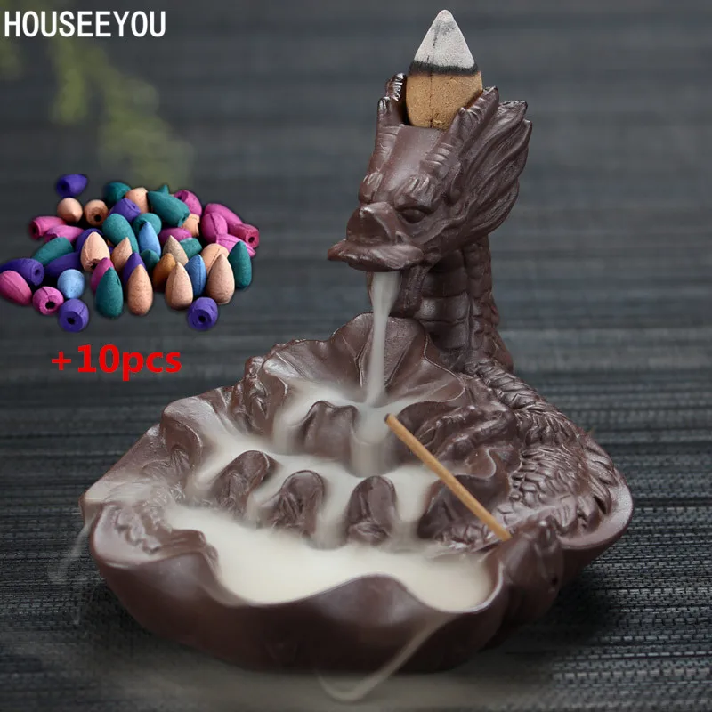 Burner 10pcs cones Горелка для благовоний с обратным потоком, креативный домашний декор, керамическая курильница в виде дракона, водопада, держатель для благовоний+ 10 конусов для благовоний - Цвет: Burner 10pcs cones