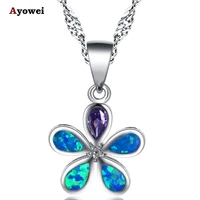 ayowei lovely and romantic flowers for lover blue fire opal purple zircon silver pendant necklaces fashion jewelry op796a
