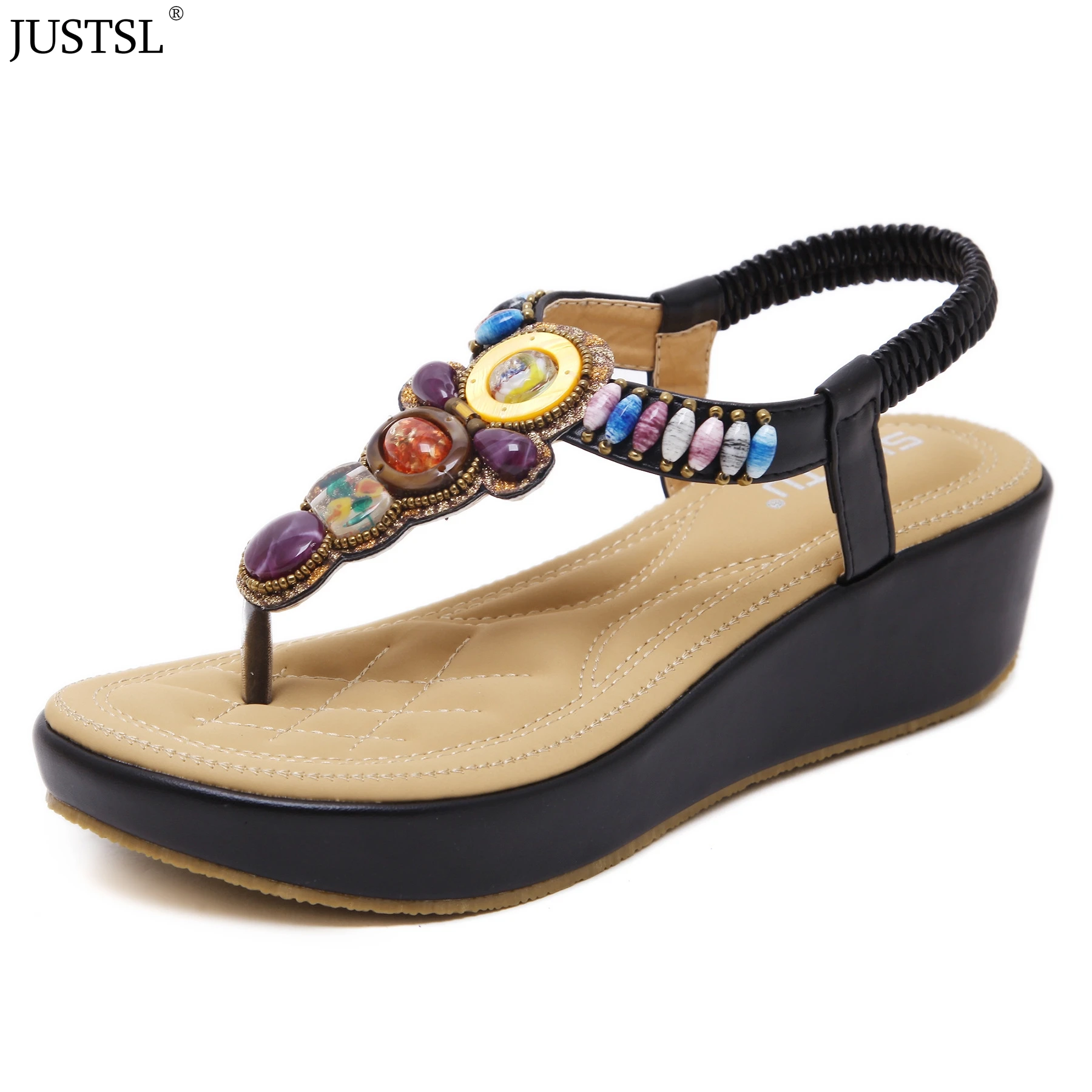 Богемные сандалии JUSTSL для женщин босоножки на танкетке с бусинами большие