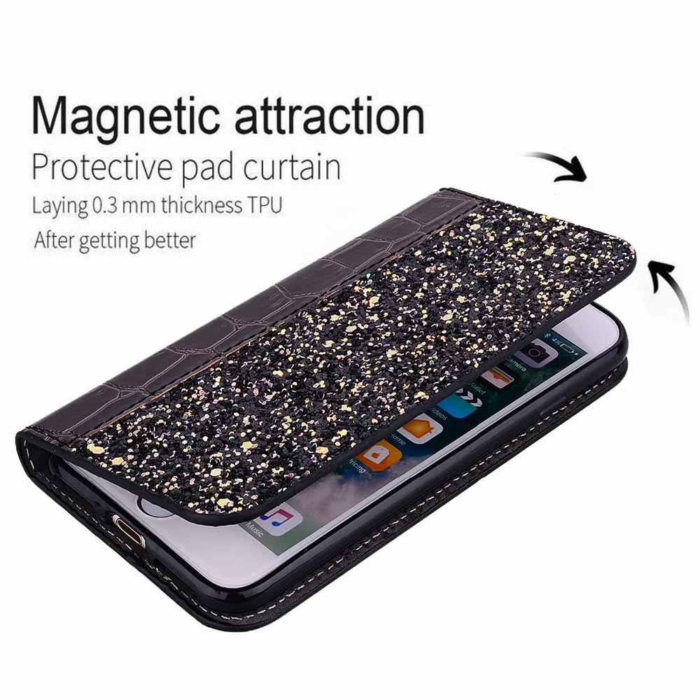 Чехол сверкающий с блестками для iPhone 11 Pro XS Max XR X Крокодил Аллигатор бумажник флип-чехол для Coque iPhone 8 7 6 6S Plus 5S SE чехол